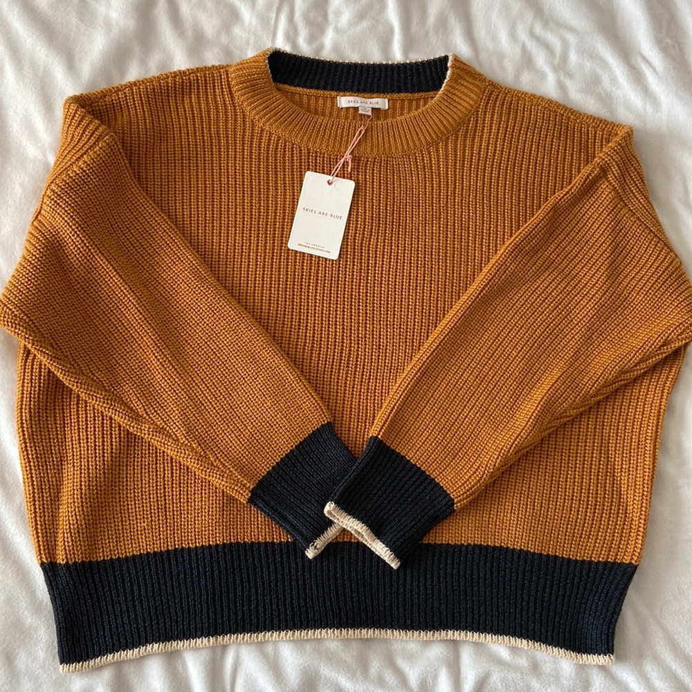 Skies Are Blue mustard and blue sweater
